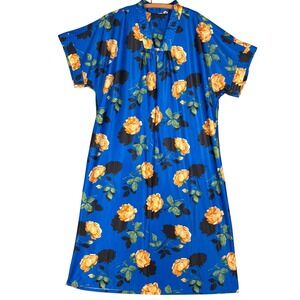 Vintage Granada House Dress One Size Blue Yellow Rose Robe Nightgown MuuMuu USA